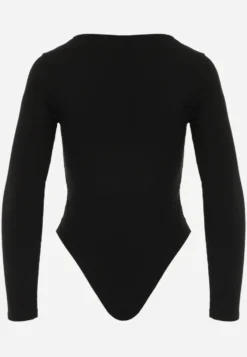 Czarne Body Longsleeve z Dużą Zawartością Wiskozy i Ozdobną Koronką przy Dekolcie Serendelle