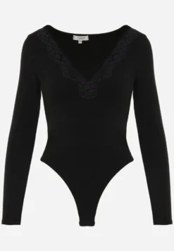 Czarne Body Longsleeve z Dużą Zawartością Wiskozy i Ozdobną Koronką przy Dekolcie Serendelle