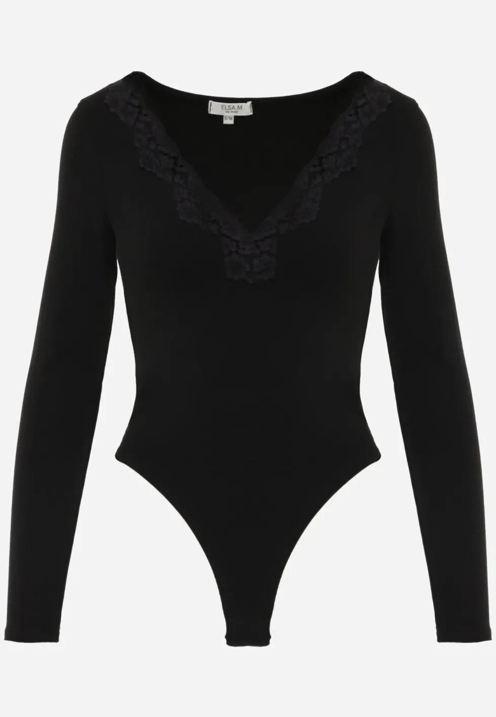 Czarne Body Longsleeve z Dużą Zawartością Wiskozy i Ozdobną Koronką przy Dekolcie Serendelle