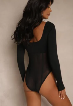 Czarne Body Vices o Fasonie Longsleeve z Dekoltem w Kształcie V Asstre