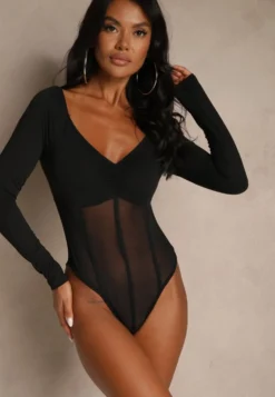 Czarne Body Vices o Fasonie Longsleeve z Dekoltem w Kształcie V Asstre