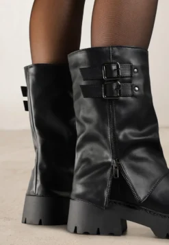 Czarne Botki Biker Boots VICES ze Sprzączkami i Cholewką Imitującą Nogawkę Anevita