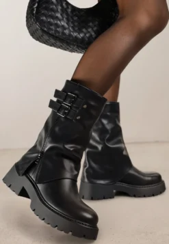 Czarne Botki Biker Boots VICES ze Sprzączkami i Cholewką Imitującą Nogawkę Anevita