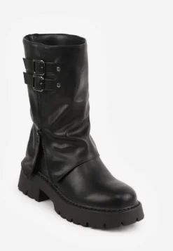 Czarne Botki Biker Boots VICES ze Sprzączkami i Cholewką Imitującą Nogawkę Anevita