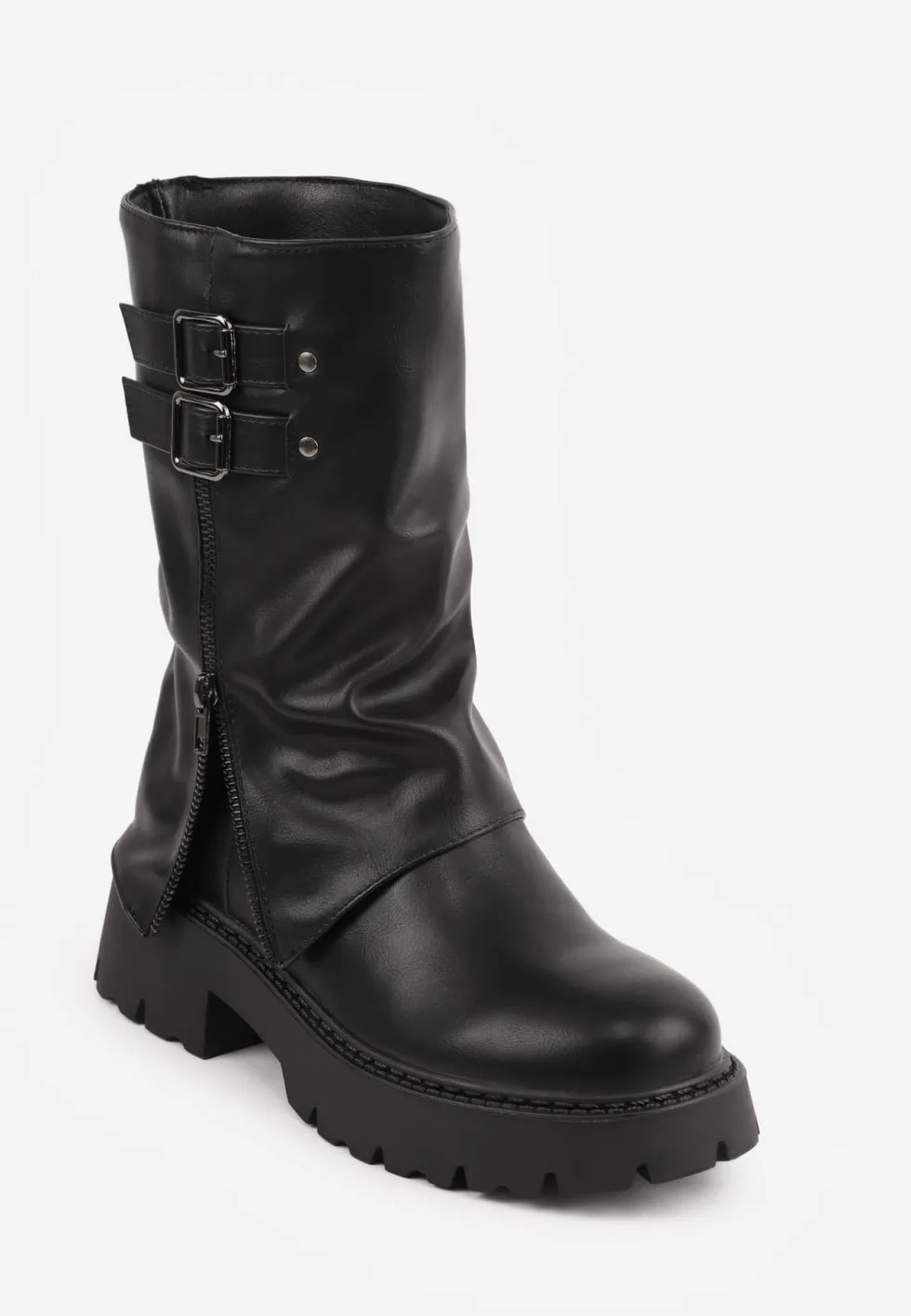 Czarne Botki Biker Boots VICES ze Sprzączkami i Cholewką Imitującą Nogawkę Anevita
