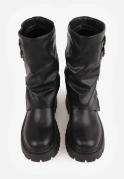 Czarne Botki Biker Boots VICES ze Sprzączkami i Cholewką Imitującą Nogawkę Anevita