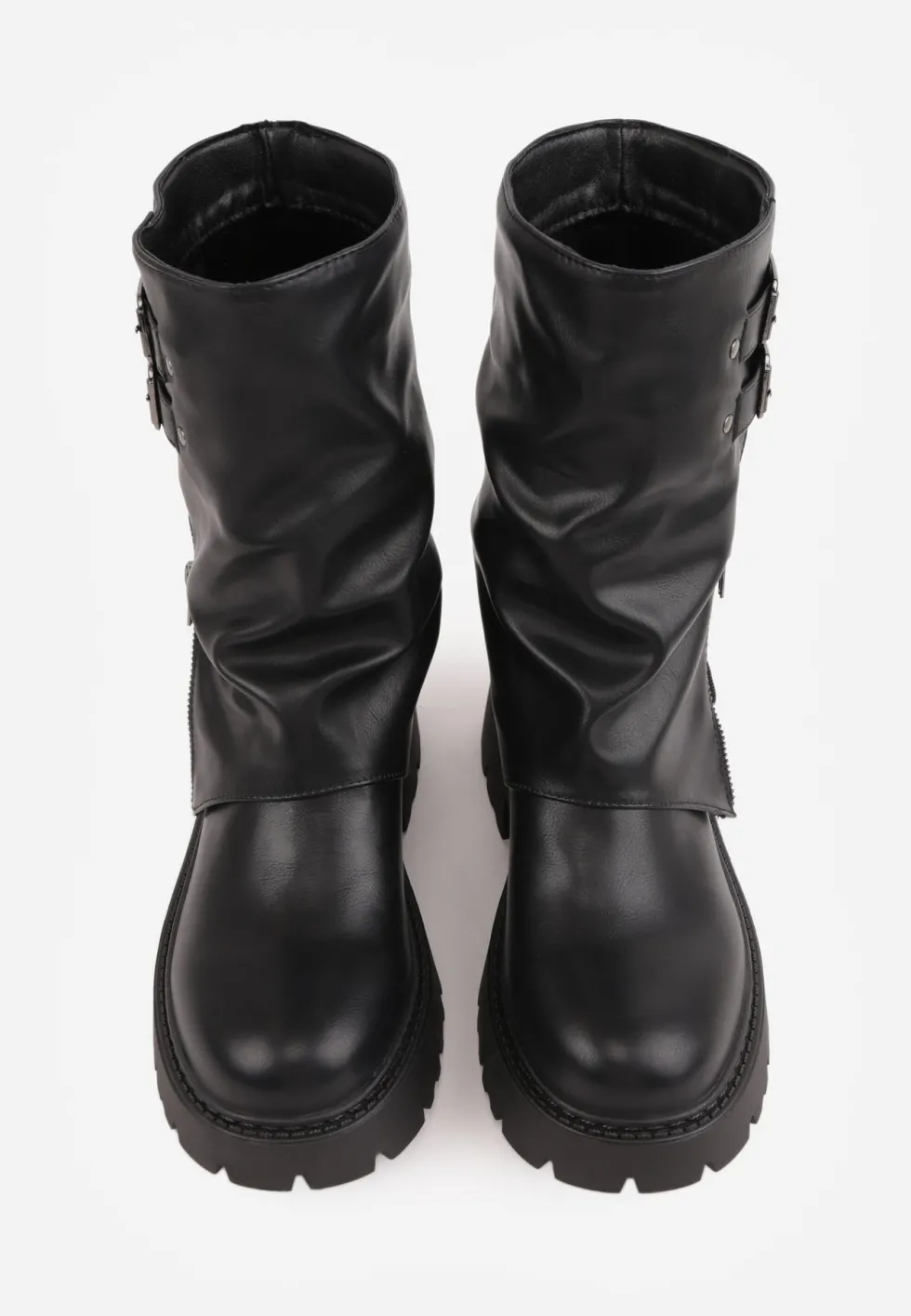 Czarne Botki Biker Boots VICES ze Sprzączkami i Cholewką Imitującą Nogawkę Anevita