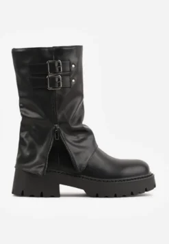 Czarne Botki Biker Boots VICES ze Sprzączkami i Cholewką Imitującą Nogawkę Anevita
