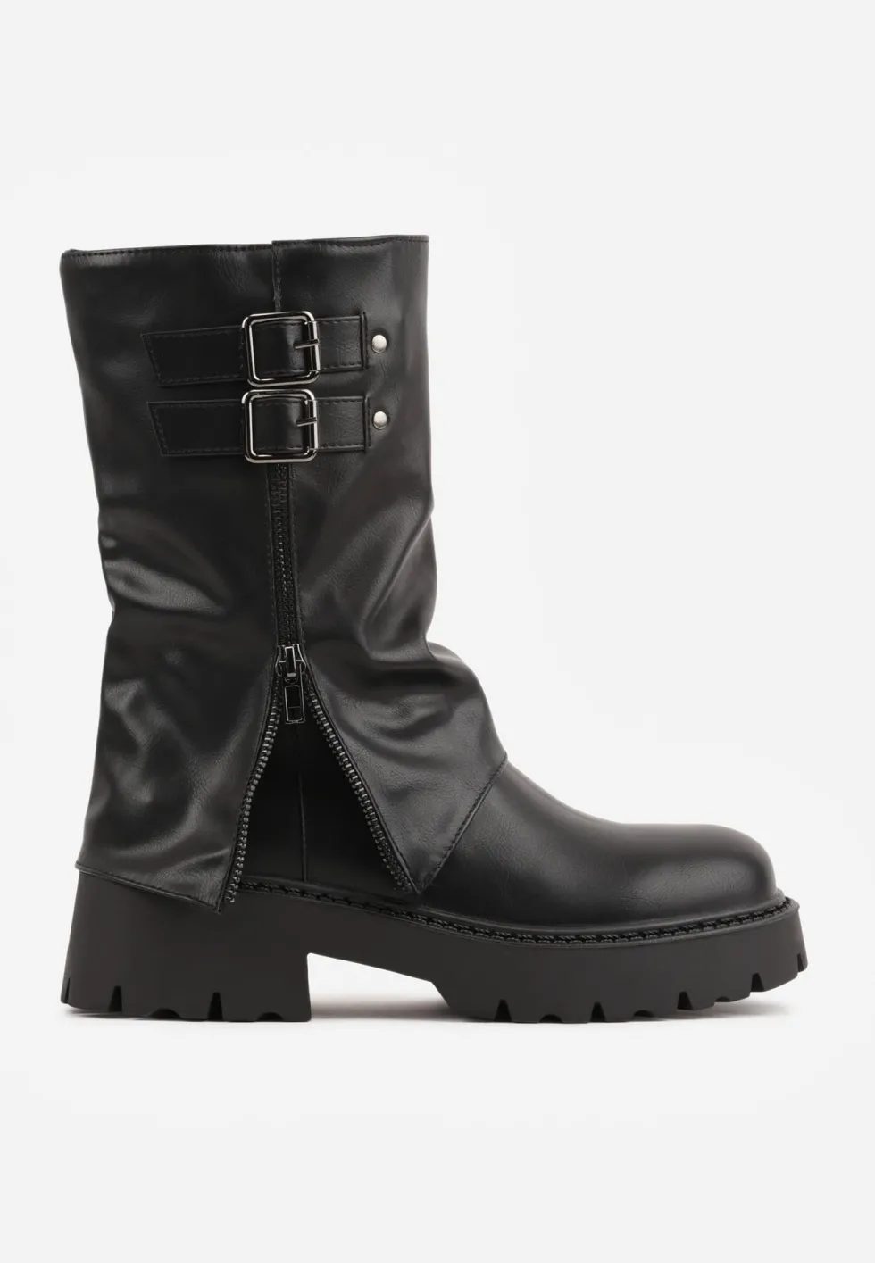 Czarne Botki Biker Boots VICES ze Sprzączkami i Cholewką Imitującą Nogawkę Anevita