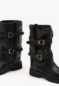 Czarne Botki Biker Boots z Marszczoną Cholewką i Paskami ze Sprzączkami Sinesa