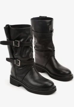 Czarne Botki Biker Boots z Marszczoną Cholewką i Paskami ze Sprzączkami Sinesa