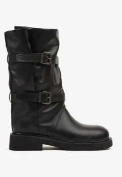 Czarne Botki Biker Boots z Marszczoną Cholewką i Paskami ze Sprzączkami Sinesa