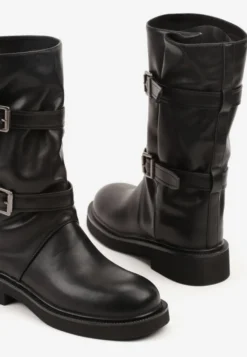 Czarne Botki Biker Boots z Marszczoną Cholewką i Paskami ze Sprzączkami Sinesa