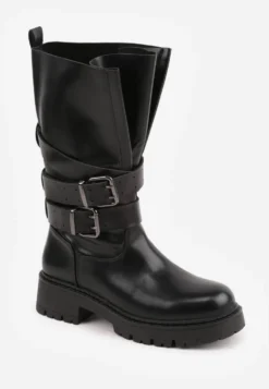 Czarne Botki Biker Boots z Ozdobnymi Paskami ze Sprzączkami i Rozszerzaną Cholewką Tiameca