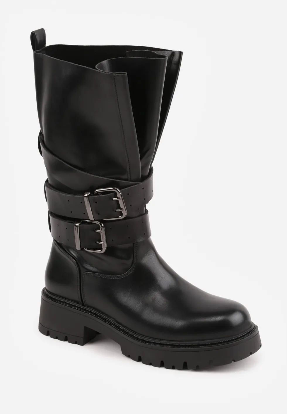 Czarne Botki Biker Boots z Ozdobnymi Paskami ze Sprzączkami i Rozszerzaną Cholewką Tiameca