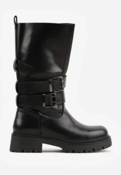 Czarne Botki Biker Boots z Ozdobnymi Paskami ze Sprzączkami i Rozszerzaną Cholewką Tiameca