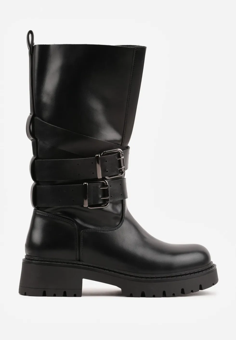 Czarne Botki Biker Boots z Ozdobnymi Paskami ze Sprzączkami i Rozszerzaną Cholewką Tiameca