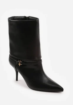 Czarne Botki Eleganckie na Obcasie Szpilce z Metalowym Detalem Moelle