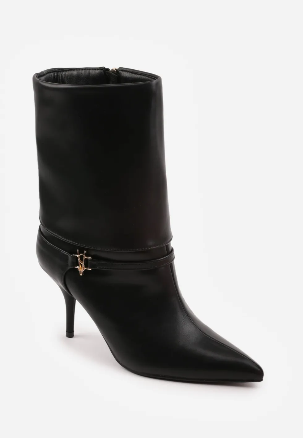 Czarne Botki Eleganckie na Obcasie Szpilce z Metalowym Detalem Moelle