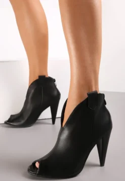 Czarne Botki na Stożku z Noskiem Peep Toe Rinsali