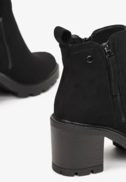 Czarne Botki na Słupku Boho z Suwakiem Kodra