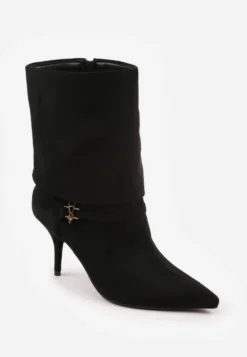 Czarne Botki na Szpilce z Wywiniętą Cholewką i Elegancką Aplikacją na Pasku Metellus