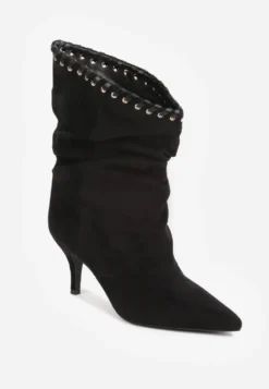 Czarne Botki Slouchy na Szpilce z Imitacji Zamszu z Ozdobnymi Metalowymi Oczkami Tallie