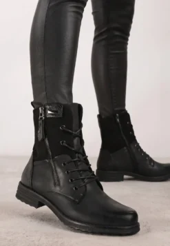 Czarne Botki Sznurowane z Zamkiem Hiyab