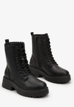 Czarne Botki Workery na Grubej Podeszwie Fashia