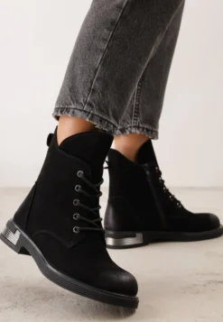Czarne Botki Workery Skórzane z Efektem Vintage Wash Alvani