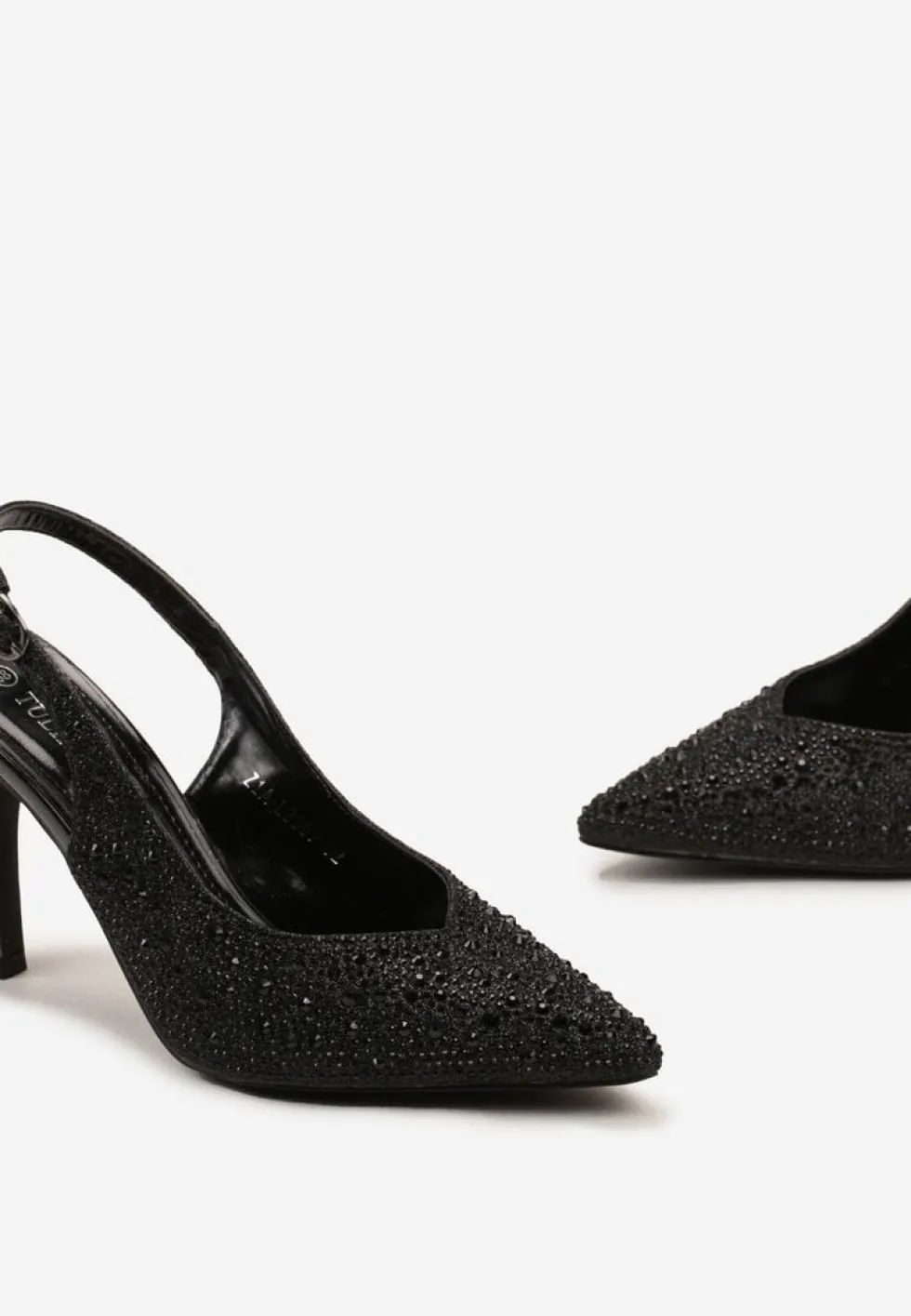 Czarne Brokatowe Sandały Ozdobione Cyrkoniami na Szpilce i Cholewce Naveri