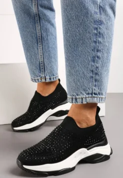 Czarne Buty Sportowe na Grubej Podeszwie w Cyrkonie Elerene