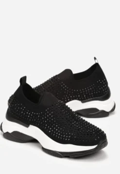 Czarne Buty Sportowe na Grubej Podeszwie w Cyrkonie Elerene