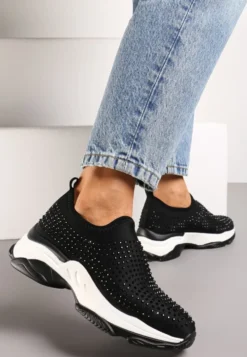 Czarne Buty Sportowe na Grubej Podeszwie w Cyrkonie Elerene
