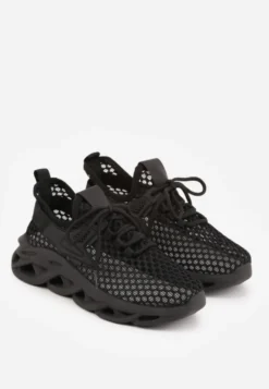 Czarne Buty Sportowe Sneakersy na Platformie Ozdobionej Tłoczeniem Teliriella