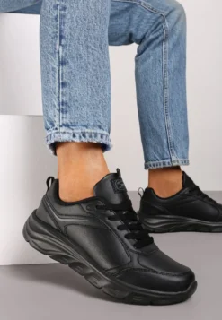Czarne Casualowe Buty Sportowe Sneakersy na Płaskiej Tłoczonej Podeszwie Velanitta