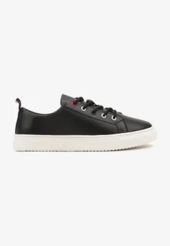Czarne Casualowe Płaskie Sneakersy z Naturalnej Skóry z Ozdobną Wstawką z Tyłu Militya