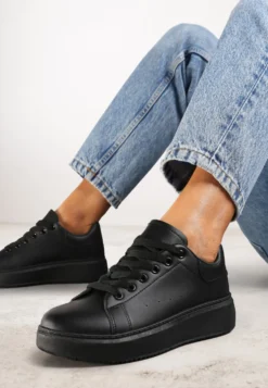 Czarne Casualowe Sneakersy na Platformie ze Sznurowaniem Tialorae