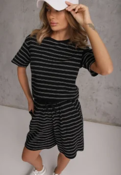 Czarne Casualowe Szorty High Waist w Prążki z Bawełnianej Tkaniny Lennliss
