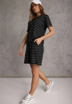 Czarne Casualowe Szorty High Waist w Prążki z Bawełnianej Tkaniny Lennliss