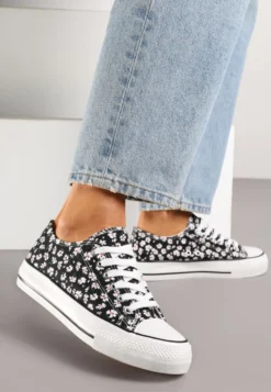 Czarne Casualowe Trampki w Kwiatki Foleriella