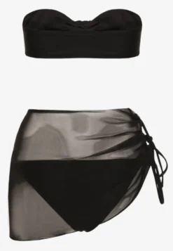 Czarne 3-Częściowe Bikini Stanik i Majtki z Aplikacjami Kwiatów Pareo z Siateczki Irisel