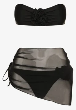 Czarne 3-Częściowe Bikini Stanik i Majtki z Aplikacjami Kwiatów Pareo z Siateczki Irisel