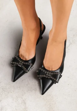 Czarne Czółenka Sandały Vices na Kaczuszce Slingback z Kokardą i Nitami Fennadia
