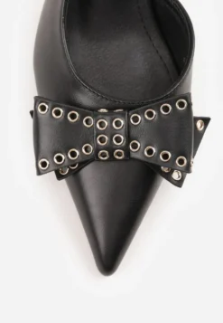 Czarne Czółenka Sandały Vices na Kaczuszce Slingback z Kokardą i Nitami Fennadia
