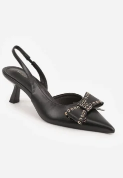 Czarne Czółenka Sandały Vices na Kaczuszce Slingback z Kokardą i Nitami Fennadia