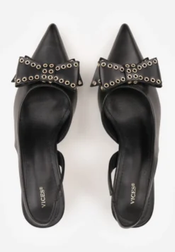 Czarne Czółenka Sandały Vices na Kaczuszce Slingback z Kokardą i Nitami Fennadia