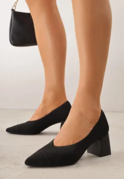 Czarne Czółenka VICES z Dzianiny na Geometrycznym Słupku z Wkładką Soft-Step Daphilane