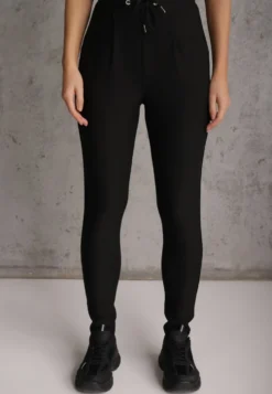 Czarne Dopasowane Spodnie High Waist z Gumką i Wiązaniem w Talii Zelpia