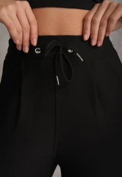 Czarne Dopasowane Spodnie High Waist z Gumką i Wiązaniem w Talii Zelpia